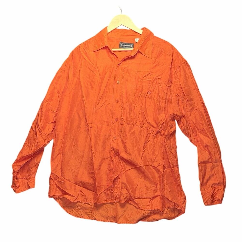 Vintage Imagination 100% silk orange button front long sleeve blouse top large